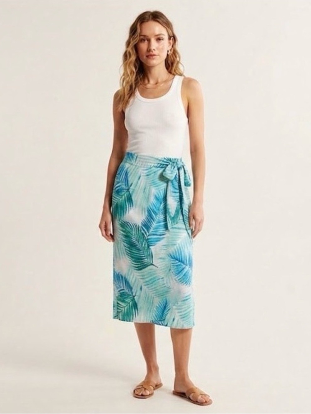 Tahari Aqua & Teal Leaf-Print Tie-Waist Midi Linen Skirt